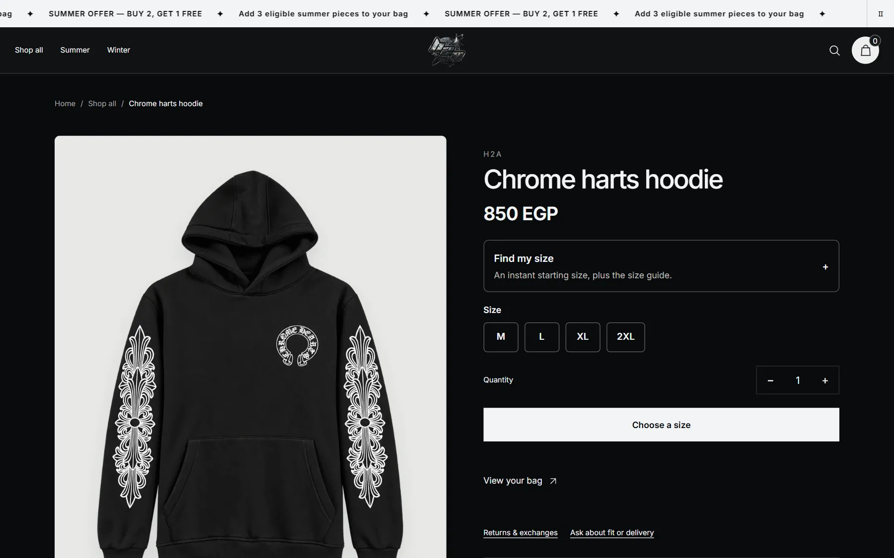Product page on desktop with the gallery, name, price and size buttons