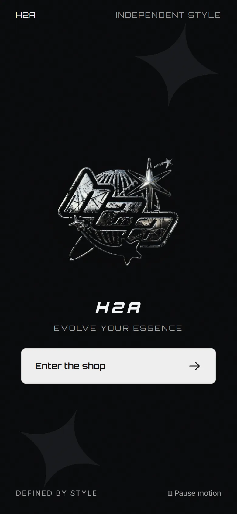 Brand entrance with the rotating chrome H2A logo and an Enter the shop button